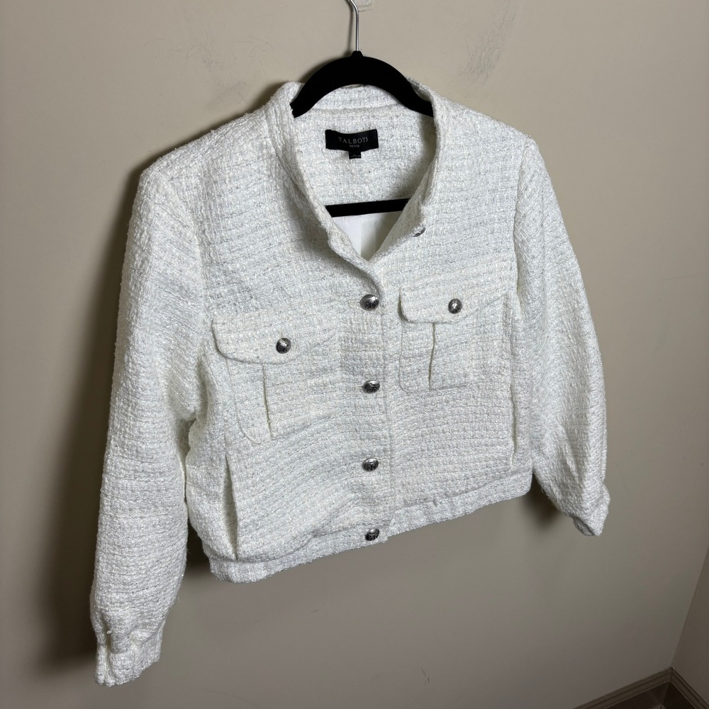 Talbots Petite Metallic Boucle Crop Silver Button Tweed Bomber Jacket Womens MP - Picture 4 of 9